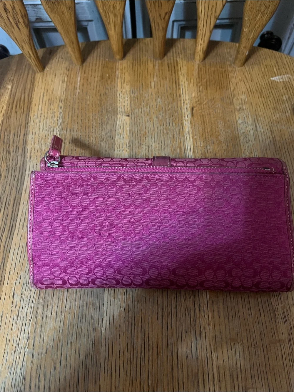 Coach Fuchsia Signature Large Jacquard Wallet with Buckle Detail